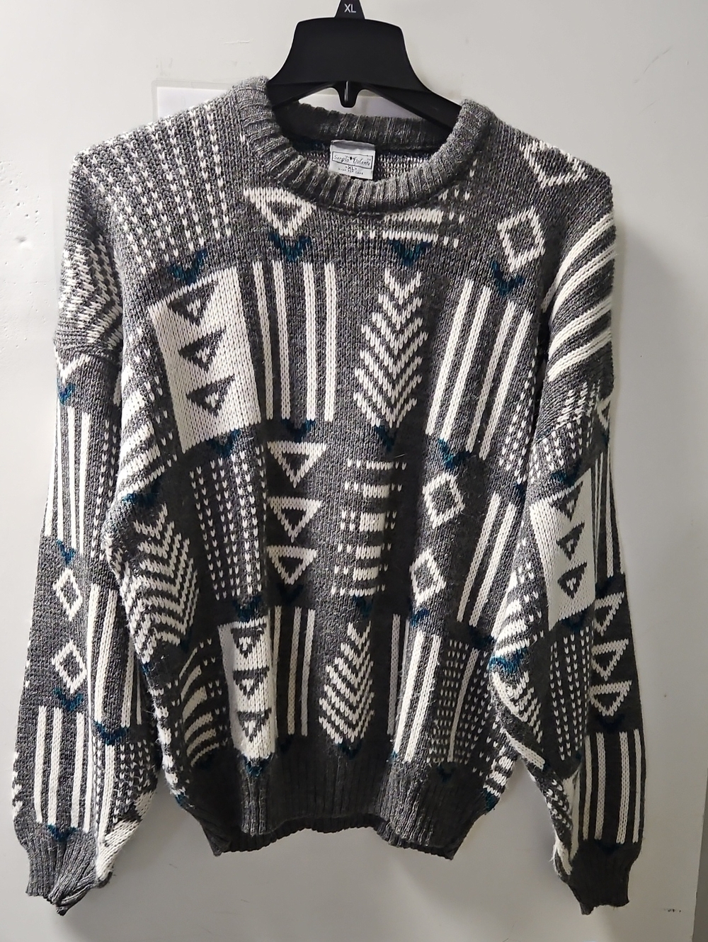 1990s Sergio Valente Gray, White and Teal Geometric Crewneck Sweater